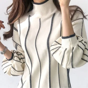  2021 Новая нижняя рубашка хитового цвета, повседневный универсальный вязаный свитер с воротником-стойкой и рукавами-фонариками, простой уличный стиль в корейском стиле