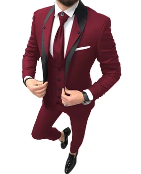  2021 Сшитый на заказ Приталенный Бордовый Мужской Блейзер из 3 предметов, костюм для Мужчин, Свадебные костюмы, Смокинги Жениха Для Мужчин (куртка + Брюки + Жилет)