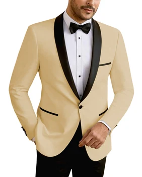  2022 Новые Костюмы цвета шампанского для мужчин, 2 предмета, смокинги с отворотами, шаль, Обычный размер, костюмы для Жениха, свадебные мужские костюмы (Блейзер + брюки)