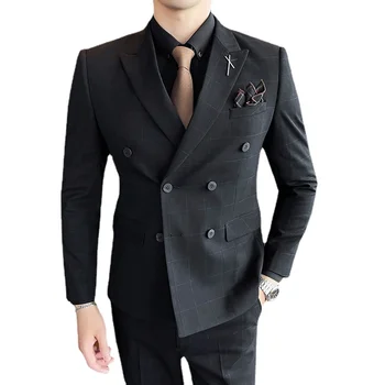  2022 Новый мужской костюм, деловой повседневный профессиональный костюм, Корейская версия двубортного клетчатого британского вечернего платья, костюм-двойка