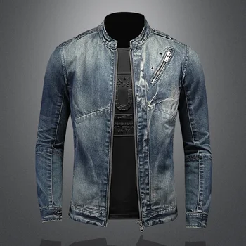  2023 Весенние Мужские Винтажные джинсовые куртки, Мужская мода, Облегающая Джинсовая куртка для Мотоцикла, Мужская Хлопковая Верхняя одежда Soild Color