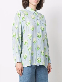  2023 Женская рубашка Зеленый тюльпан, 100% шелковые блузки с длинным рукавом