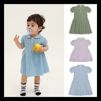  2023, Модное Милое трикотажное платье для маленьких девочек, Одежда для детей, Детская Летняя Европейская принцесса, чистый цвет, повседневное, полный хлопок