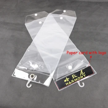  300шт прозрачный пластиковый упаковочный пакет из ПВХ для упаковки наращивания волос, ширина 13 см, длина 34 см-69 см, изготовленная на заказ бумажная карточка с логотипом