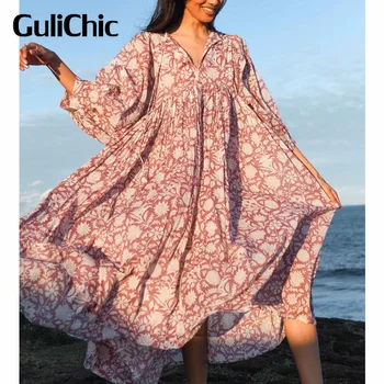  5,31 GuliChic Женское Высококачественное чистое хлопковое Удобное Свободное Платье с V-образным вырезом и рукавом три четверти с винтажным принтом