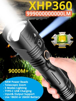  99000000LM Самый Мощный светодиодный фонарик 1000 Вт USB с Телескопическим Зумом XHP360, Тактический Фонарь 9000 М, Дальнобойный Вход/Выход