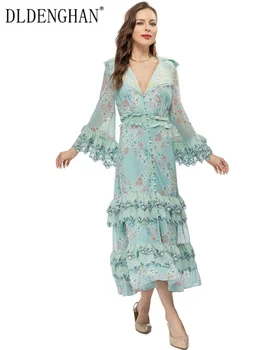  DLDENGHAN/Весенне-летнее Женское платье с Расклешенными рукавами, Цветочной вышивкой, оборками, Однобортное Винтажное платье с принтом, Модное для подиума, новое