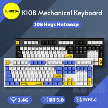  SUMREDA K108 2,4G/BT5.0 Беспроводная Игровая Механическая клавиатура 108 Клавиш Keycaps Hotswap Проводная клавиатура Для ПК Телефонов Ноутбуков