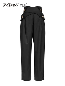  TWOTWINSTYLE, черные однотонные прямые брюки для женщин с высокой талией, минималистичные лоскутные брюки крест-накрест, женская осенняя одежда, новинка