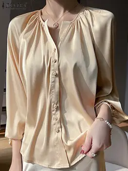  ZANZEA Элегантная Женская Атласная Шелковая рубашка, Модная Собранная с круглым вырезом и Длинным рукавом, Офисная Женская Блузка, Темпераментный Однотонный Топ Для рабочего Места