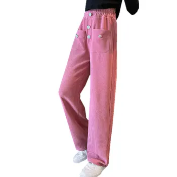  Весенне-осенние новые брюки для девочек, повседневные широкие брюки с эластичной резинкой на талии и пуговицами, Белые, розовые, черные, 3 цвета, детские длинные брюки