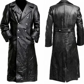  Винтажная мужская куртка из искусственной кожи высшего качества, зимний длинный тренч на пуговицах, мужская деловая верхняя одежда, модное офицерское пальто премиум-класса, черный