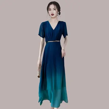  Высококачественное Модное Элегантное летнее Длинное платье Goddess, женское платье с V-образным вырезом, Градиентный цвет, синие шифоновые Макси-платья для вечеринок с поясом