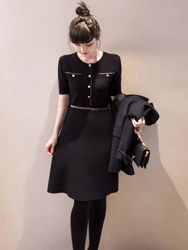  Вязаное Элегантное женское платье с круглым вырезом и пуговицами, Офисное женское модное платье 2022, Летнее Черное платье трапециевидной формы с коротким рукавом, Одежда