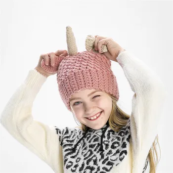  Горячая осенне-зимняя теплая шапка ручной работы из шерсти Ручной работы с забавным единорогом и бантом для мальчиков и девочек