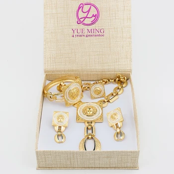  Дубайский Позолоченный ювелирный набор с подарочной коробкой, Женское Модное Медное ожерелье, браслет, Серьги, Кольцо, ювелирные изделия для женщин, Праздничный подарок