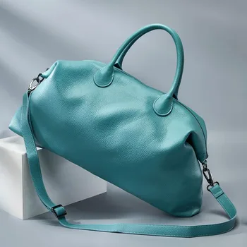  Женская дорожная сумка из натуральной кожи Большой емкости, мягкая свежая синяя воловья кожа, Повседневная дорожная сумка для багажа, сумка для выходных
