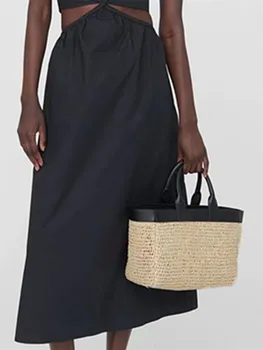  Женская Соломенная сумка Большой емкости с Полым Черным Ремешком, модные женские сумки на одно плечо