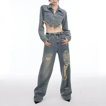  Женский весенний джинсовый комплект из 2 предметов с разрезом на пупке, Короткие куртки и свободные широкие джинсы, винтажная уличная одежда, костюмы-двойки