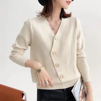  Женский вязаный свитер 2023, Осенне-зимний Новый пуловер с V-образным вырезом, приталенный Топ с длинным рукавом, Женский