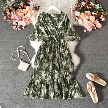  Женское летнее платье ELIJOIN с цветочным рисунком 2020, новый праздничный стиль, иностранный стиль, элегантная шифоновая юбка до колена с роговыми рукавами