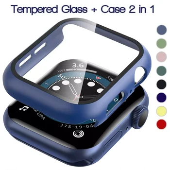  Закаленное стекло + Чехол для Apple Watch band 44 мм 40 мм 42 мм 38 мм PC Бампер Защитная крышка экрана для iwatch series 3 4 5 se 6 44 мм