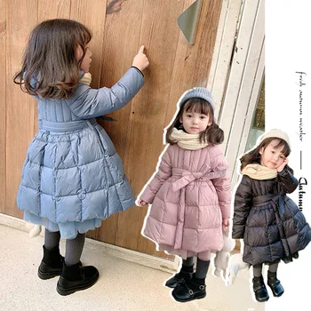  Зимние Кожаные пальто для девочек, Утолщенное Хлопковое пальто средней длины на натуральном теплом пуху, Парки, Детское Пальто, Одежда для детей от 3 до 12 лет