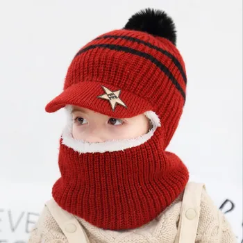  Зимняя детская шапка с козырьком, теплая, толстая, плюс бархат, вязаная детская шапка-бини для маленьких девочек, шарф для мальчиков, универсальная детская шапочка Gorras