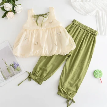  Комплект одежды для маленьких девочек, Новый летний жилет на подтяжках, зеленые топы + брюки, Детская одежда для девочек, детские повседневные костюмы
