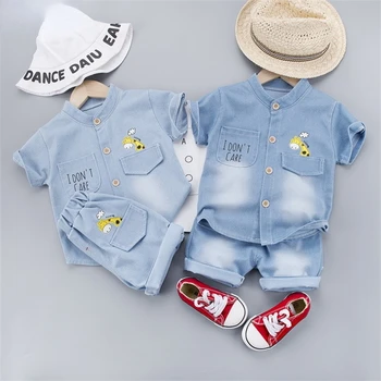  Летний комплект одежды для маленьких мальчиков, детская одежда, футболка с мультяшным жирафом + джинсовые шорты, 2 предмета, повседневный костюм для малышей, спортивный костюм