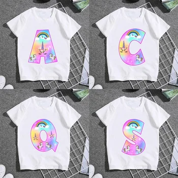  Милая футболка с рисунком радужного единорога с рисунком 26 букв для девочек, милая детская одежда, белая футболка для малышей и подростков на заказ