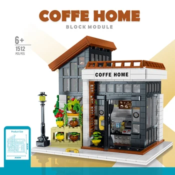 Модель кофейни с видом на улицу в городе, модель дома с подсветкой, 1512 шт., Креативные модульные строительные блоки, кирпичные игрушки, детский подарочный набор