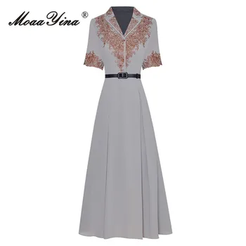 Модное дизайнерское платье MoaaYina, Летнее женское платье с отложным воротником и винтажной вышивкой, платье с поясом на высокой талии длиной до колен