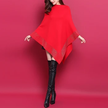  Новая осенняя модная зимняя вязаная шаль с бриллиантами, свободный плащ, большие размеры, однотонное женское пончо, накидка, пуловер, свитер, красный