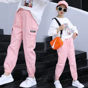  Новые модные Спортивные штаны-карго для девочек, розовые спортивные штаны с высокой талией для девочек, Весенне-осенние повседневные брюки, верхняя одежда для детей