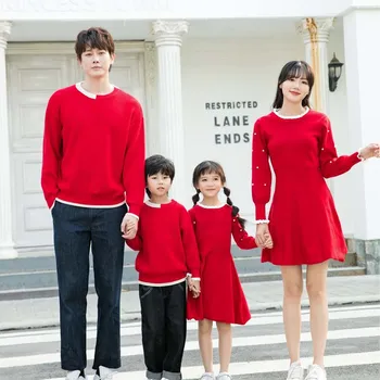  Новый 2023 Год, Красный Свитер для семьи, Рождественский Вязаный Джемпер для папы и сына, Топы, Комбинированное Вязаное платье для мамы и Дочки в Китайском стиле