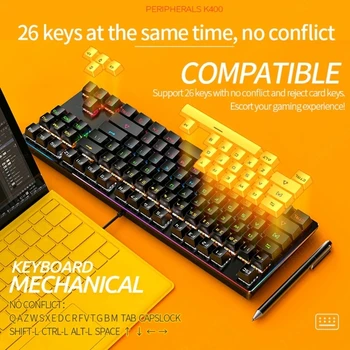  Новый K400 87 Клавиш, синий/черный переключатель, механическая клавиатура, проводная USB с RGB подсветкой для ноутбука и многого другого, обновленная версия