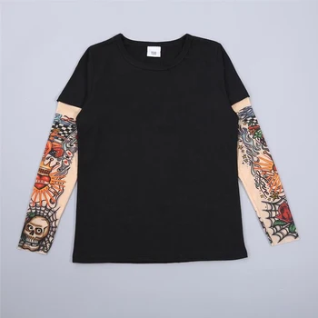  Новый бренд Детская одежда мальчик татуировки печатных t рубашки осень весна с длинным рукавом тройники лоскутное хип-хоп футболки Детские топы