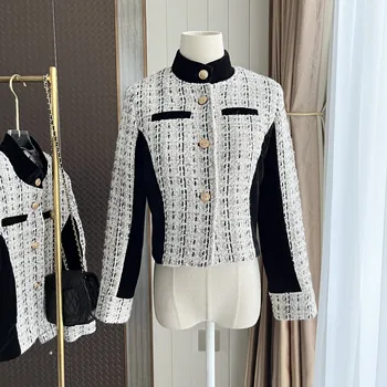  Новый высококачественный французский винтажный твидовый пиджак с небольшим ароматом для женщин, осенне-зимнее уличное шерстяное пальто, Верхняя одежда в клетку