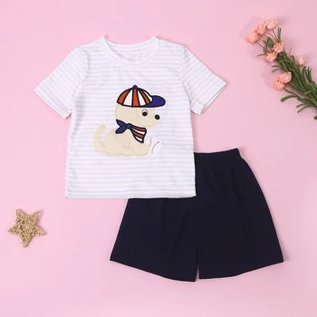  Новый Комплект детской хлопковой белой футболки с короткими рукавами и круглым вырезом с принтом щенка, верхняя одежда в розовую полоску для мальчиков и черный короткий костюм
