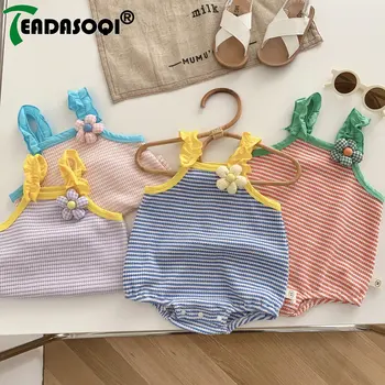  Одежда 0-24 м, Цельный комбинезон в полоску с рюшами и 3D цветами для младенцев, милые Боди из 85% хлопка для новорожденных Девочек