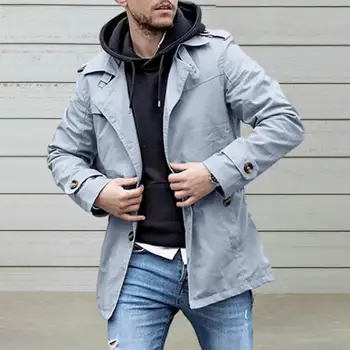  Пальто с карманом для мелочей, Стильные мужские тренчи средней длины, свободный крой, ветрозащитный дизайн, Повседневная уличная одежда на осень-весну