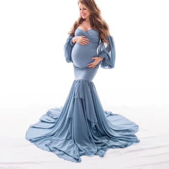  Платье Русалки для беременных, платья для фотосъемки, Макси-платье для беременных с открытыми плечами, для фотосессии в душе ребенка, Одежда для беременных женщин