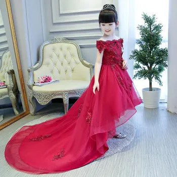  Платья с длинным шлейфом для девочек в цветочек на Свадьбу, Красное кружевное вечернее платье для девочек на День рождения, платье принцессы, Детское праздничное платье