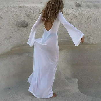 Прозрачное женское платье с длинным рукавом и открытой спиной, Летние Повседневные Сексуальные Белые Пляжные платья Макси С Круглым вырезом, Однотонные Свободные Наряды