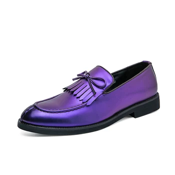  Роскошная брендовая мужская кожаная обувь, Новые банкетные модельные туфли, мужская модная повседневная обувь фиолетового цвета, мужская деловая обувь высокого класса