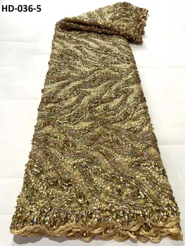 Роскошная нигерийская золотая кружевная ткань, 5 ярдов, Органза, Сетчатая ткань ручной работы с пайетками, Африканское платье для женщин, свадебная юбка для сцены
