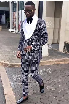  Свадебные костюмы для мужчин, Новинка 2018, Дизайнерский двубортный костюм в черный, белый горошек, мужской облегающий костюм Homme