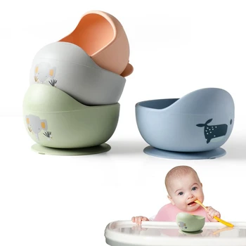  Силиконовая Миска для кормления ребенка с ложкой, набор посуды с мультяшным рисунком, Детская присоска, не содержащая BPA Силиконовая посуда для кормления детей