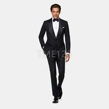  Сшитые на заказ черные мужские костюмы на заказ, Свадебные смокинги, одежда для жениха, Лучший мужской костюм-блейзер для выпускного вечера (куртка + брюки)